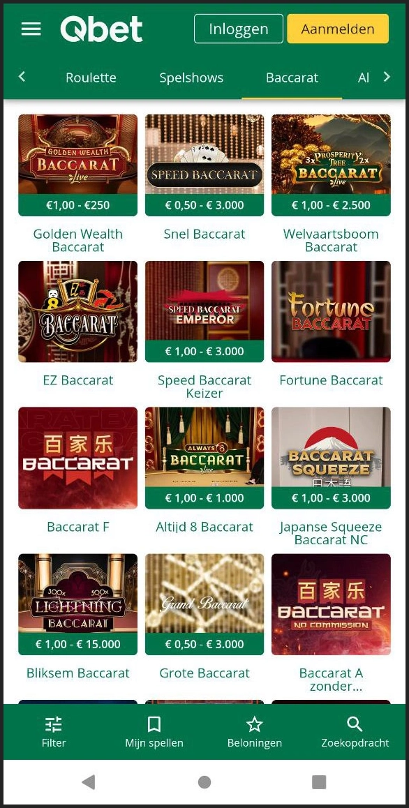 Baccarat-tafels met hoge uitbetalingspercentages bij Qbet